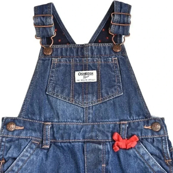 Oshkosh B'Gosh Overalls Girls Denim Red Polka Dot‎ Fleece Lined Bow  Vestbak 18M - Picture 2 of 9